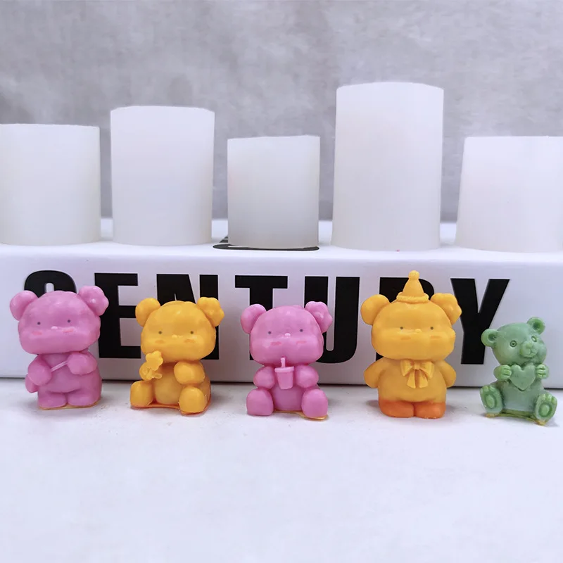 Small Bear Silicone Candle Mold DIY 3D Cake Bow Bear Scented Gypsum Concrete Mould Cute Cartoon Bear Birthday Cake Baking Deco