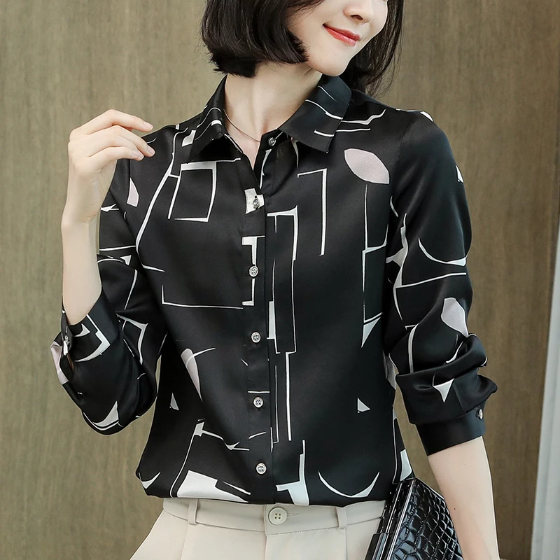 

Real Silk Women's Black White Shirt Elegant Turn-down Collar Long Sleeve Shirts Satin Blouses For Women Woman Casual Blouse Tops