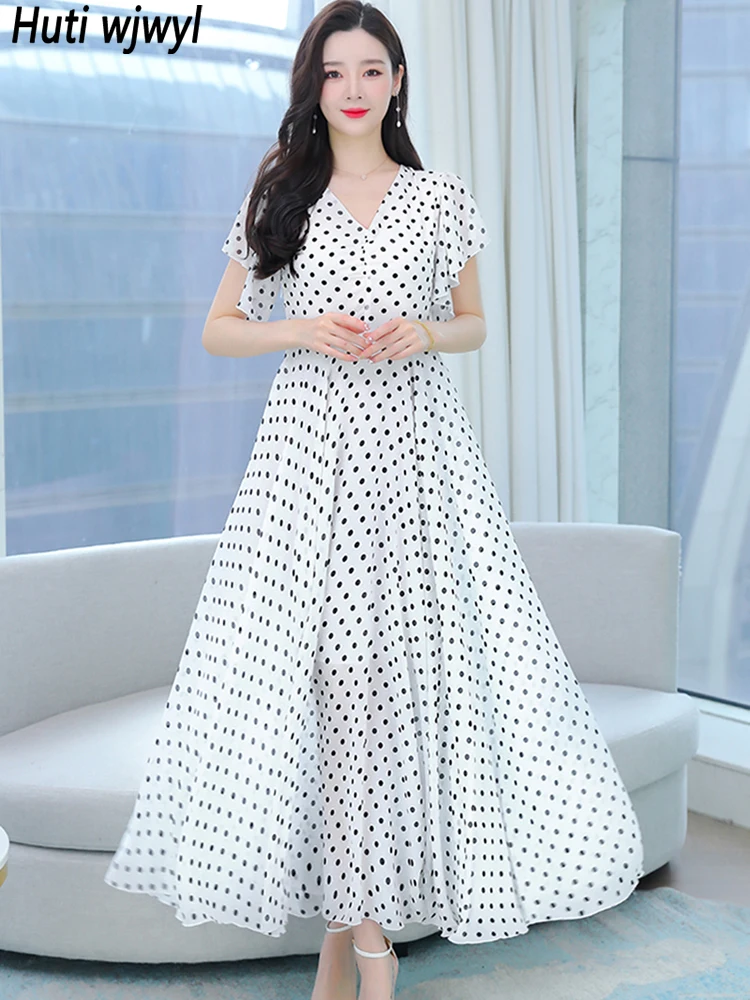 

Summer White Chiffon Polka Dot Maxi Dress Women Ruffled Causal V-Neck Beach Long Dress 2024 Korean Elegant Luxury Party Vestidos