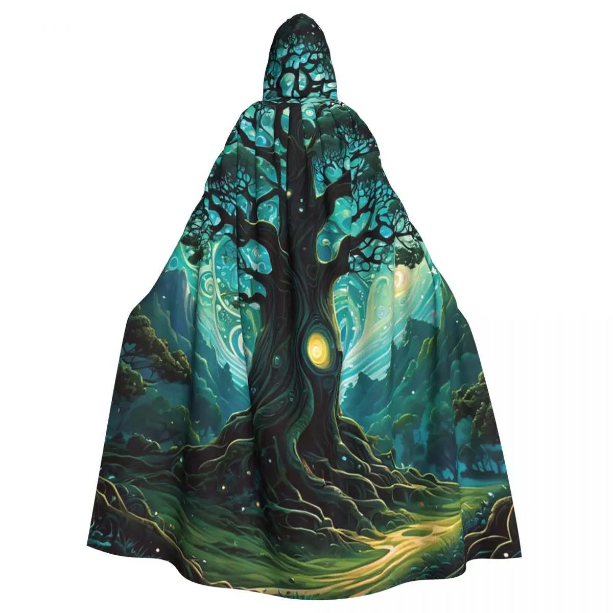 Magic Green Tree Long Hooded Cloak Witch Medieval Costume Cosplay Cape HalloweenParty Adult Unisex