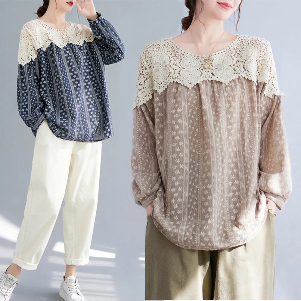 NYFS 2023 Autumn New Korea Woman Tops Loose Fat MM Cotton Linen Lace Patchwork Long Sleeve T Shirt