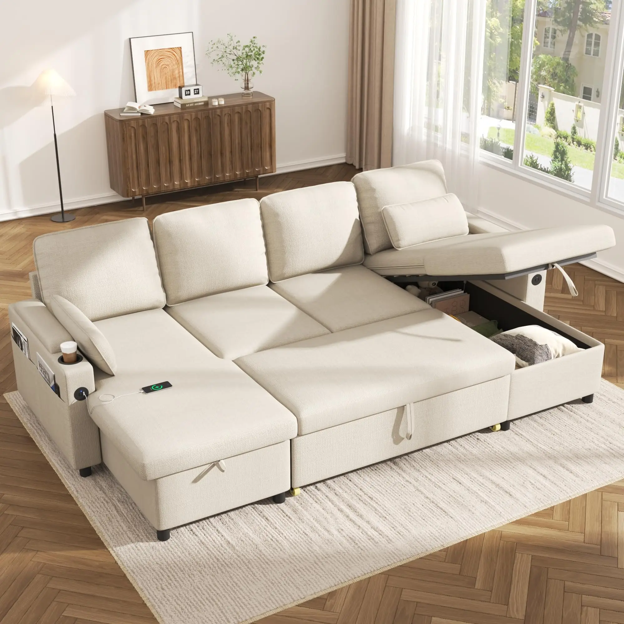 Sofa Bed Pull Out 2 in 1 Sectional Sleeper Sofa U Shaped Couch with Storage | Convertible Sofa Couches for Living Room