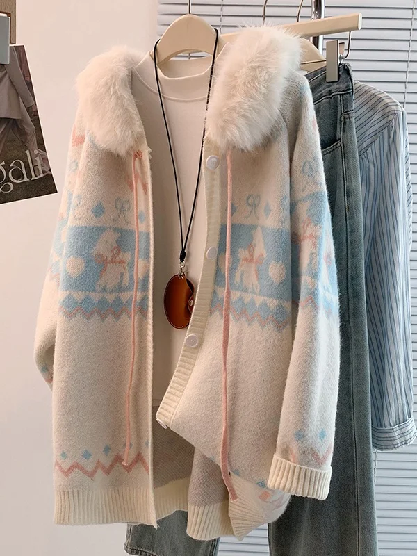 لينة Thiened الخريف الشتاء تصميم الإحساس المرأة تريكو سترة سترة معطف مع الفراء طوق مطرزة فضفاضة تناسب #2