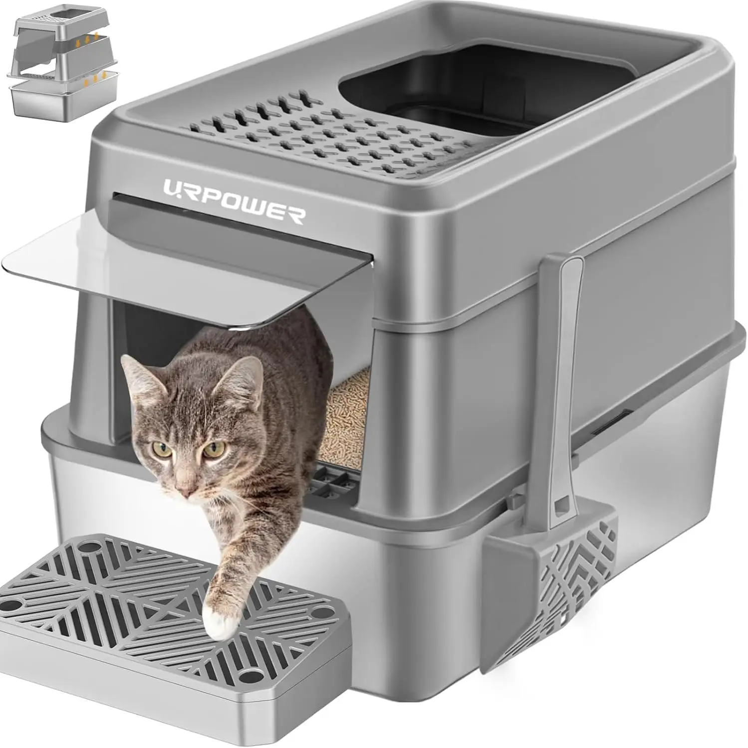 Extra Large Stainless Steel Cat Litter Box with Lid, Front & Top Entry, Non-Stick, Odor Free, Easy Clean