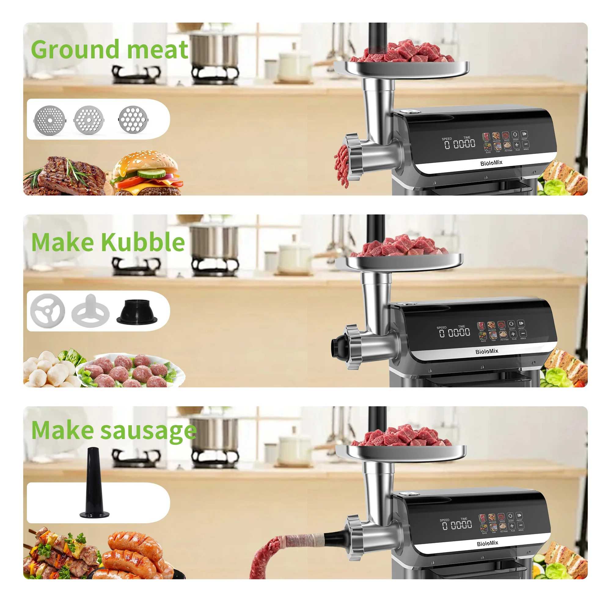 BioloMix 1600W 6-in-1 Meat Grinder – Touch Screen Presets, Auto-Reverse, Perfect for Grinding, Sausage and Kibbe Making