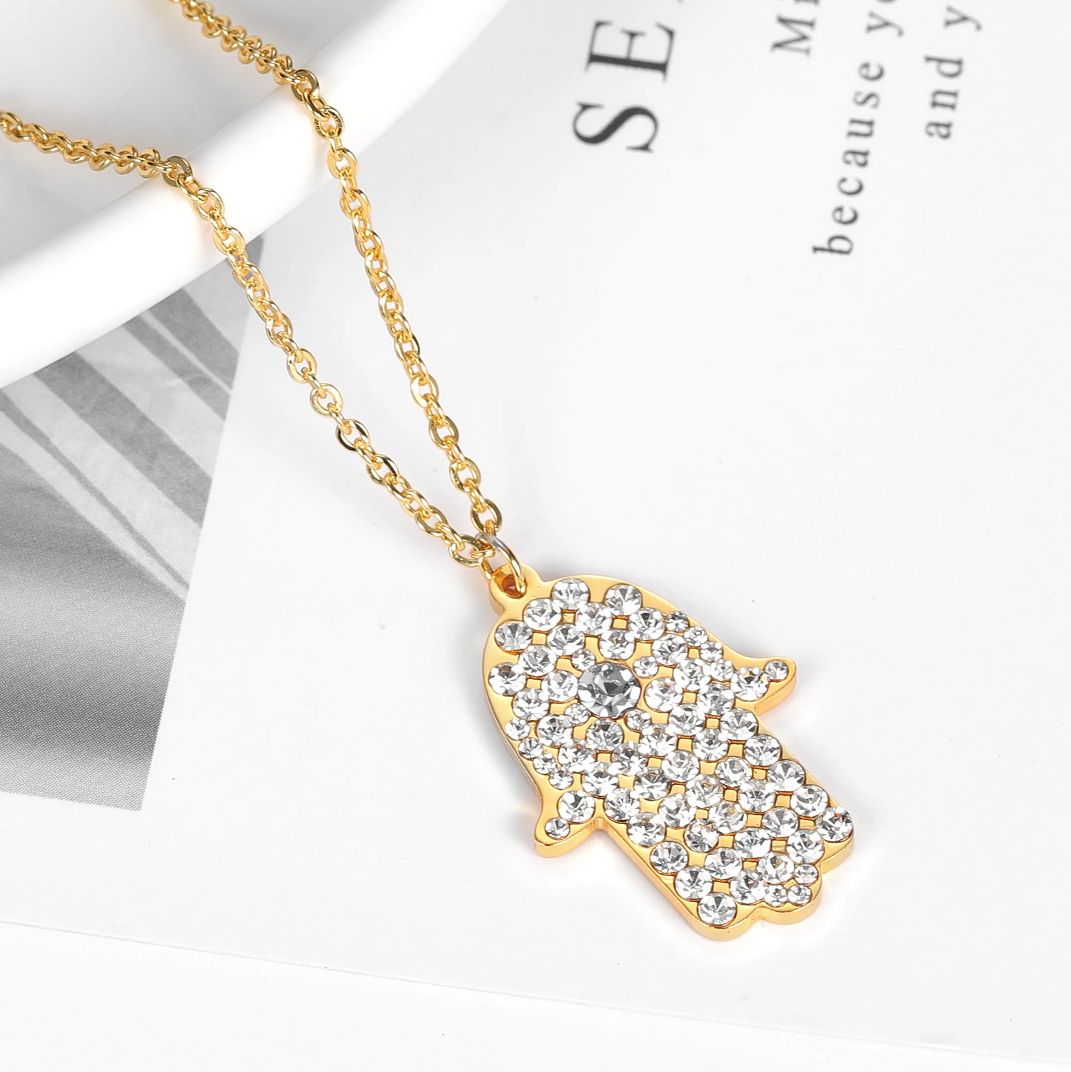 

Custom Birthstones Yellow Gold Cubic Zirconia Hamsa Hand of Fatima Religious Charm Pendant Necklace Jewelry Gift For Women