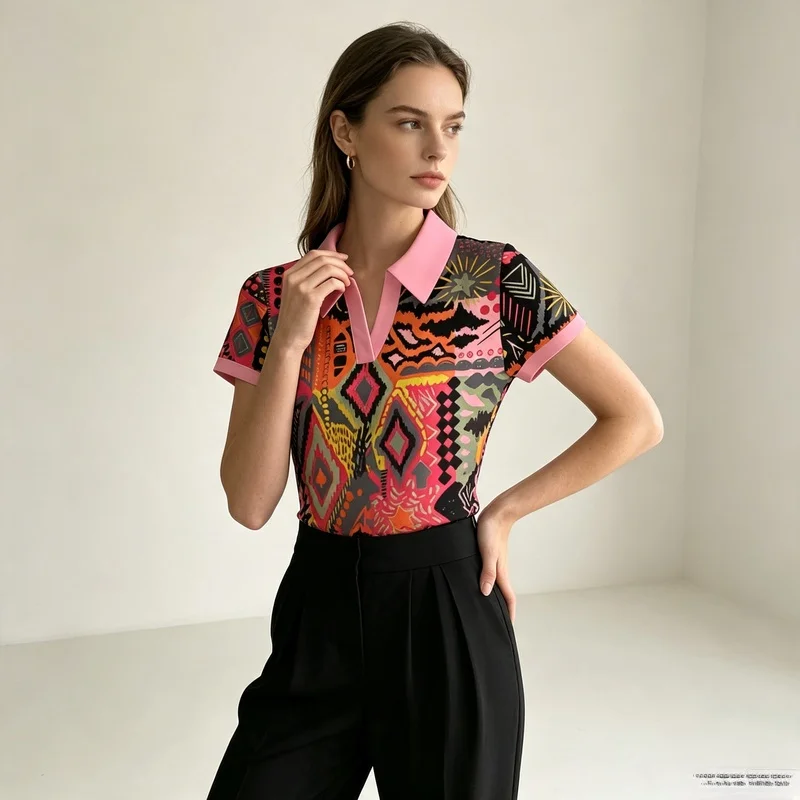 New women's fashion versatile buttonless design Polo Shirt，Orange textile brown pink creative art pattern triangle