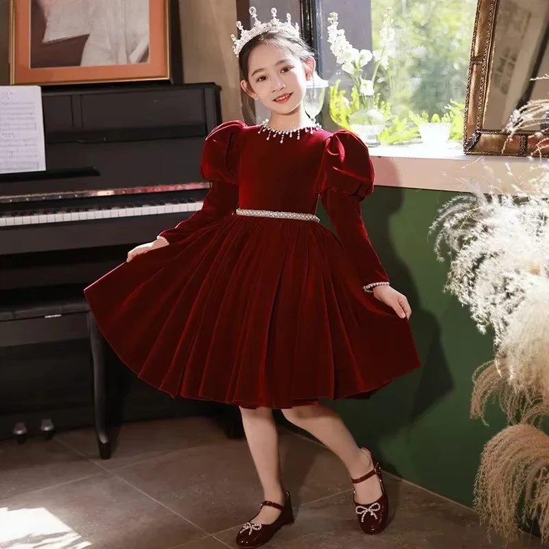 2025 Children's Dress Girls' Princess Red Spring Clothes Host Piano Dress Dress High-End New Year Birthday Winter