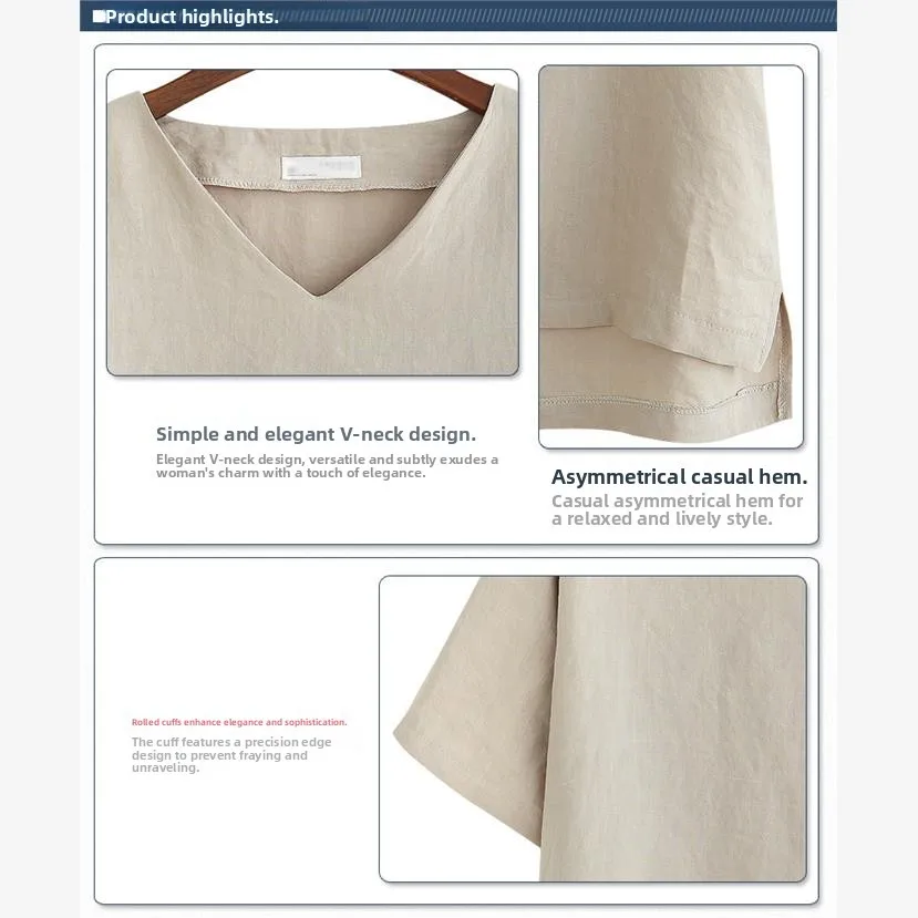 Base feminina solta de linho de algodão irt V-Ne primavera verão rua sle plus size faion doce sle emenda assimétrica