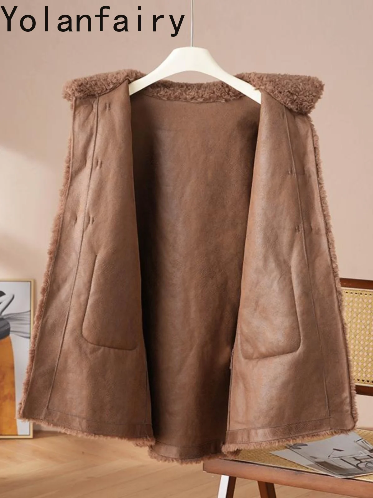 YOLANFAIRY معاطف صوف 100% للنساء شتاء متوسط الطول سترة قص الأغنام سترات صوفية نسائية غير رسمية Chaquetas Para Mujer #5
