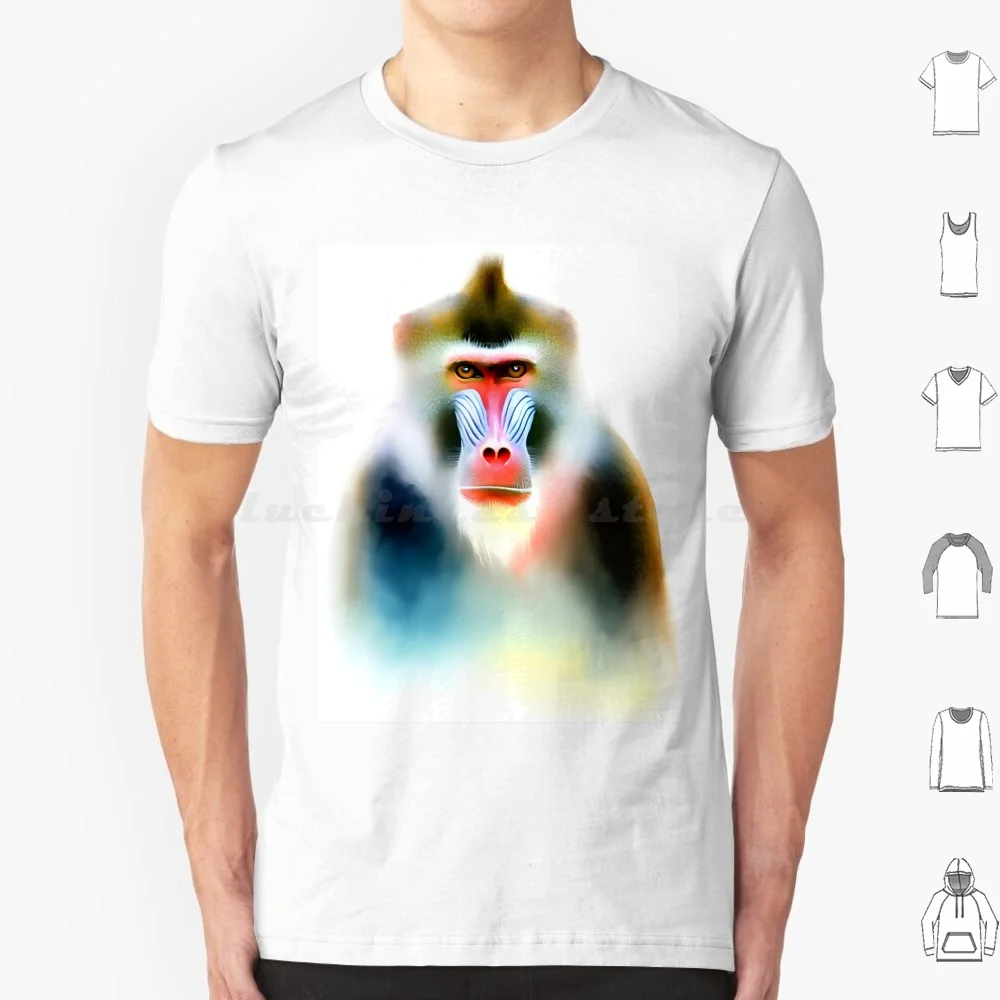 Mandrill In Watercolor T Shirt 6xl Cotton Cool Tee Mandrill Portrait Watercolor Colorful Regal King Fierce Majestic Animal Art