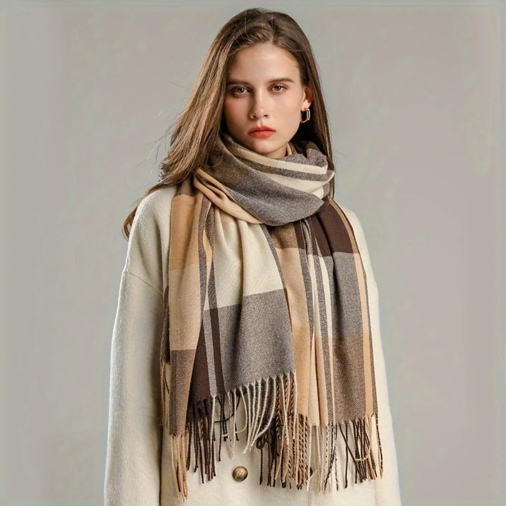 

Simple Windproof Plaid Scarf Keep Warm Tassel Imitation Cashmere Shawl Korean Style Thick Shawl Wrap Girl