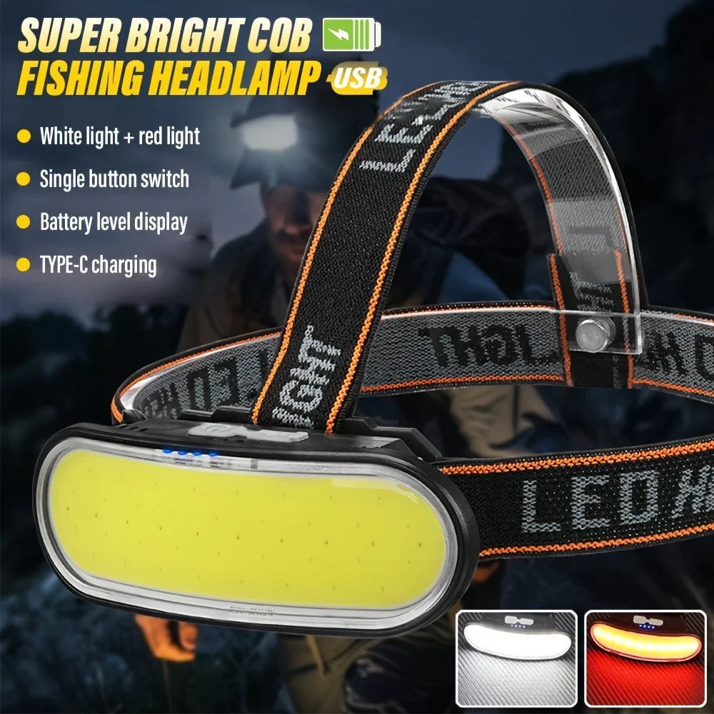 Powerful COB LED Headlamp Type-c Rechargeable Head Flashlight Built-in Battery Outdoor Fishing Camping Lantern Waterproof Torch