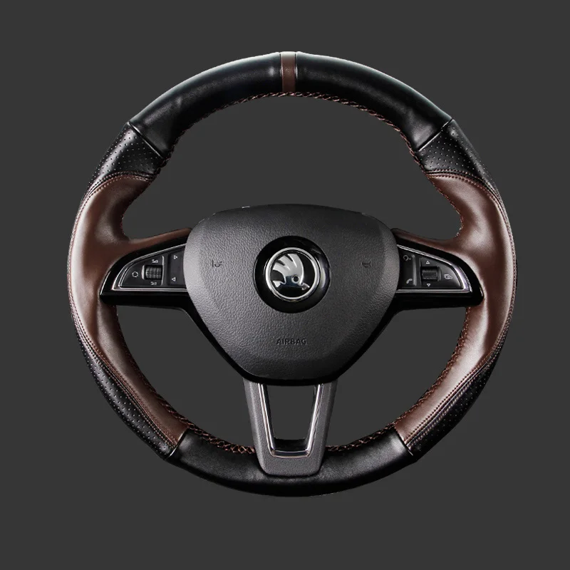 

Leather for Skoda Octavia Superb Rapid Karoq Kamiq Kodiaq GT Hand Sewing Car Steering Wheel Cover Interior Car Accessories