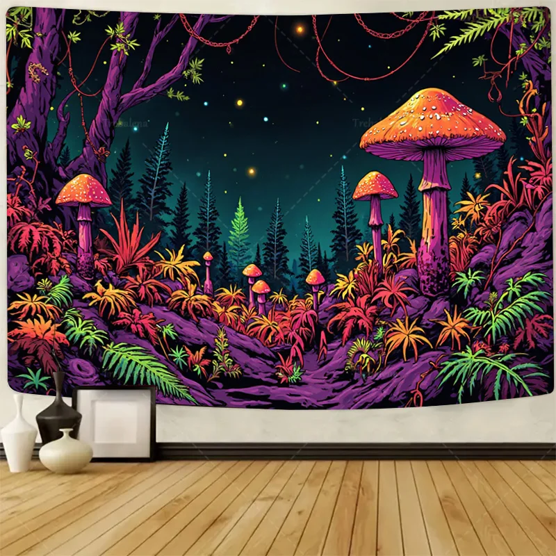 

1pc Wall Tapestry Psychedelic Forest Tapestry with Glowing Mushrooms and Stars