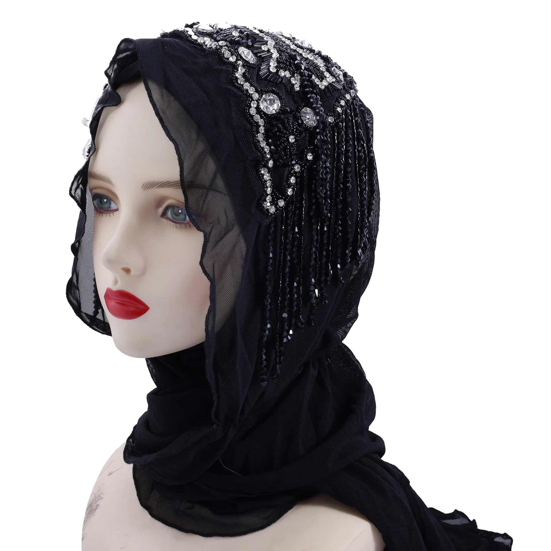 موضة الحجاب الإسلامي شرابة الخرز عمامة النساء الإسلام حفل زفاف الحجاب شالات التفاف حجر الراين عصابات وشاح Turbante قبعة