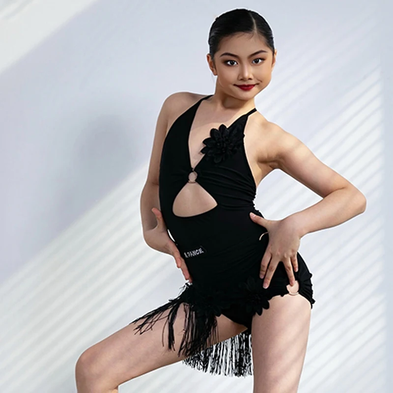 

Kids Latin Dance Dress Girls Black Fringe Dress Sleeveless Practice Wear ChaCha Rumba Performance Suit Summer Dancewear DNV17602