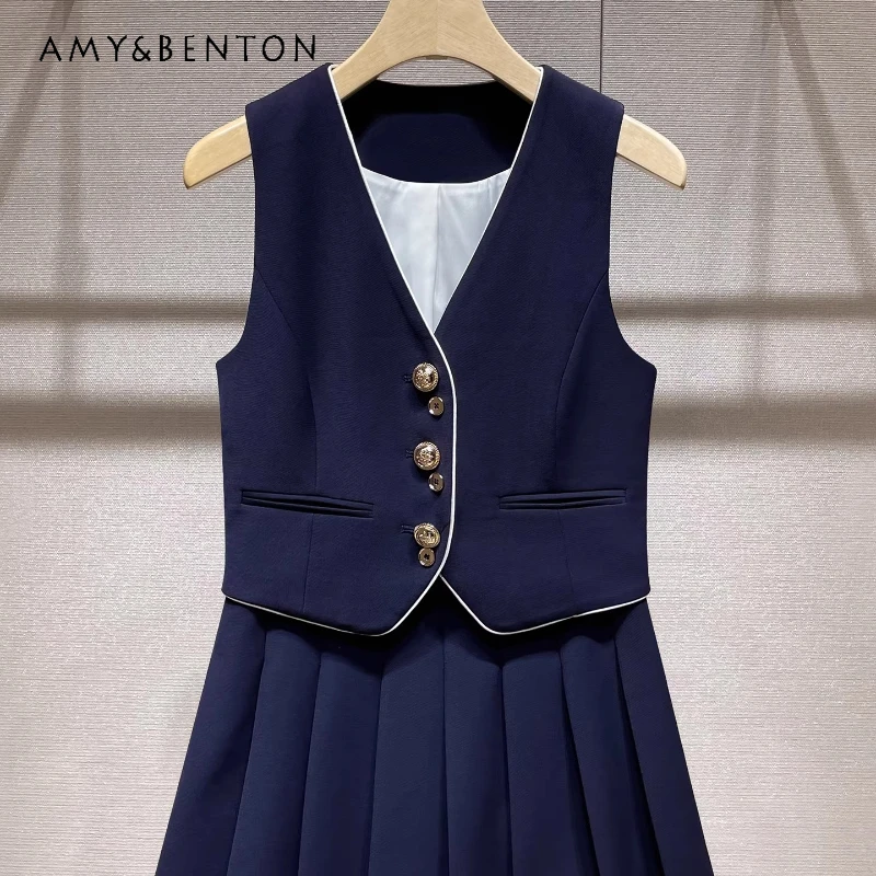 

College Style Short Skirt Women's Suit 2026 Summer New V-neck Single-breasted Vest Top Sweet Pleated Skirt Two-piece Set Ladies