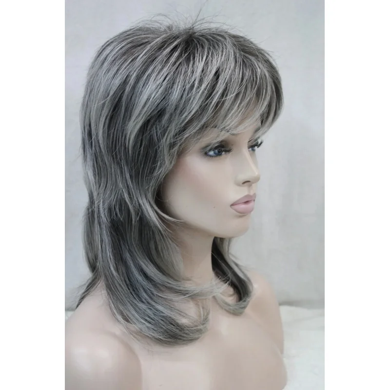 New women& # x27;s wig medium length grey layered shoulder long synthetic hair full wig