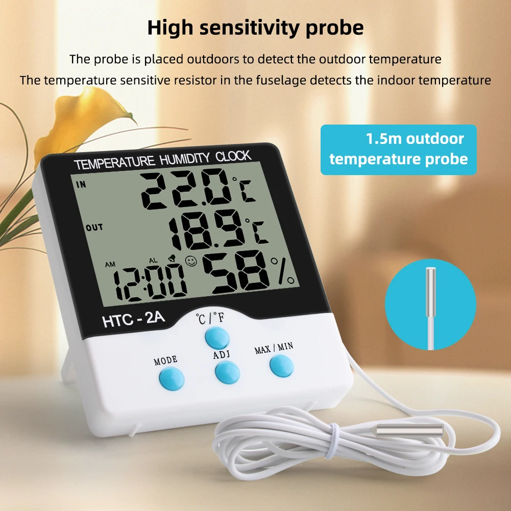 HTC-2A Thermo-Hygrometer -50°C~70°C with Probe Alarm Clock Refrigerator Indoor Outdoor Thermometer Hygrometer Sensor Meter