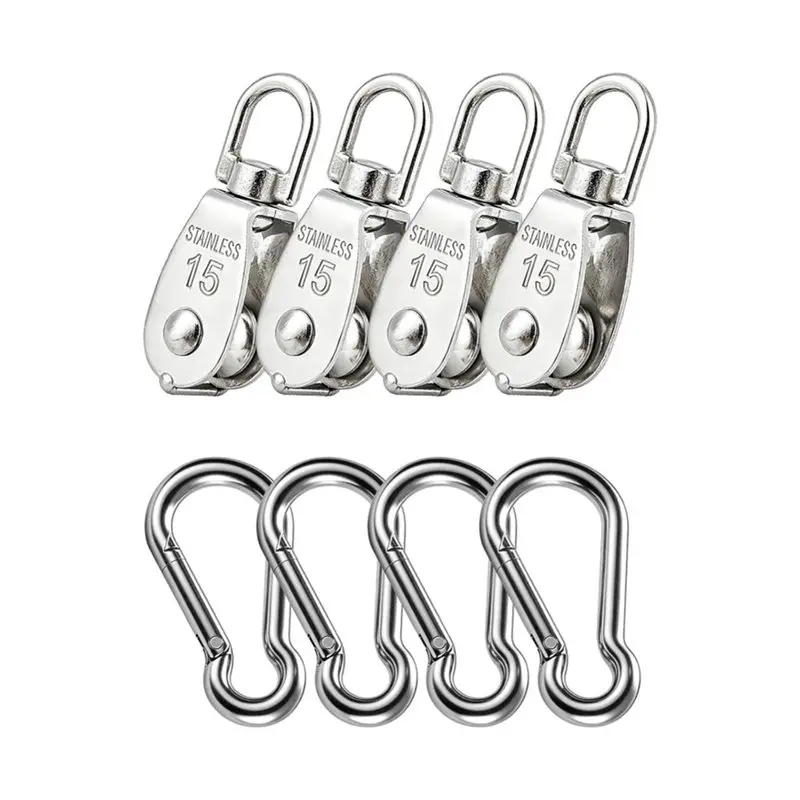 [A92P!】 M15 Single Pulley Block(4Pcs), Wire Rope Cable Pulley With Spring Snap Hook, Wire Towing Wheel