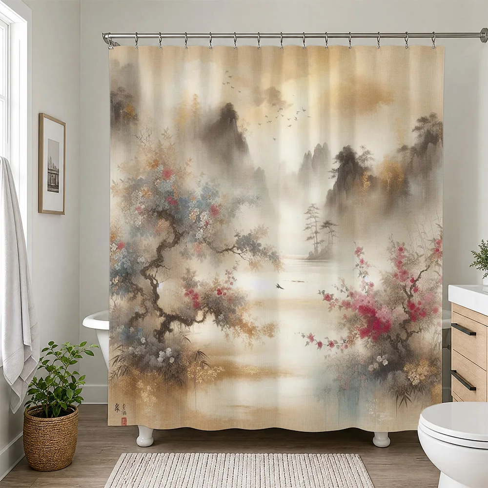 Elegant Watercolor Landscape Shower Curtain for Bathroom Decor Nature Scenery Art Print