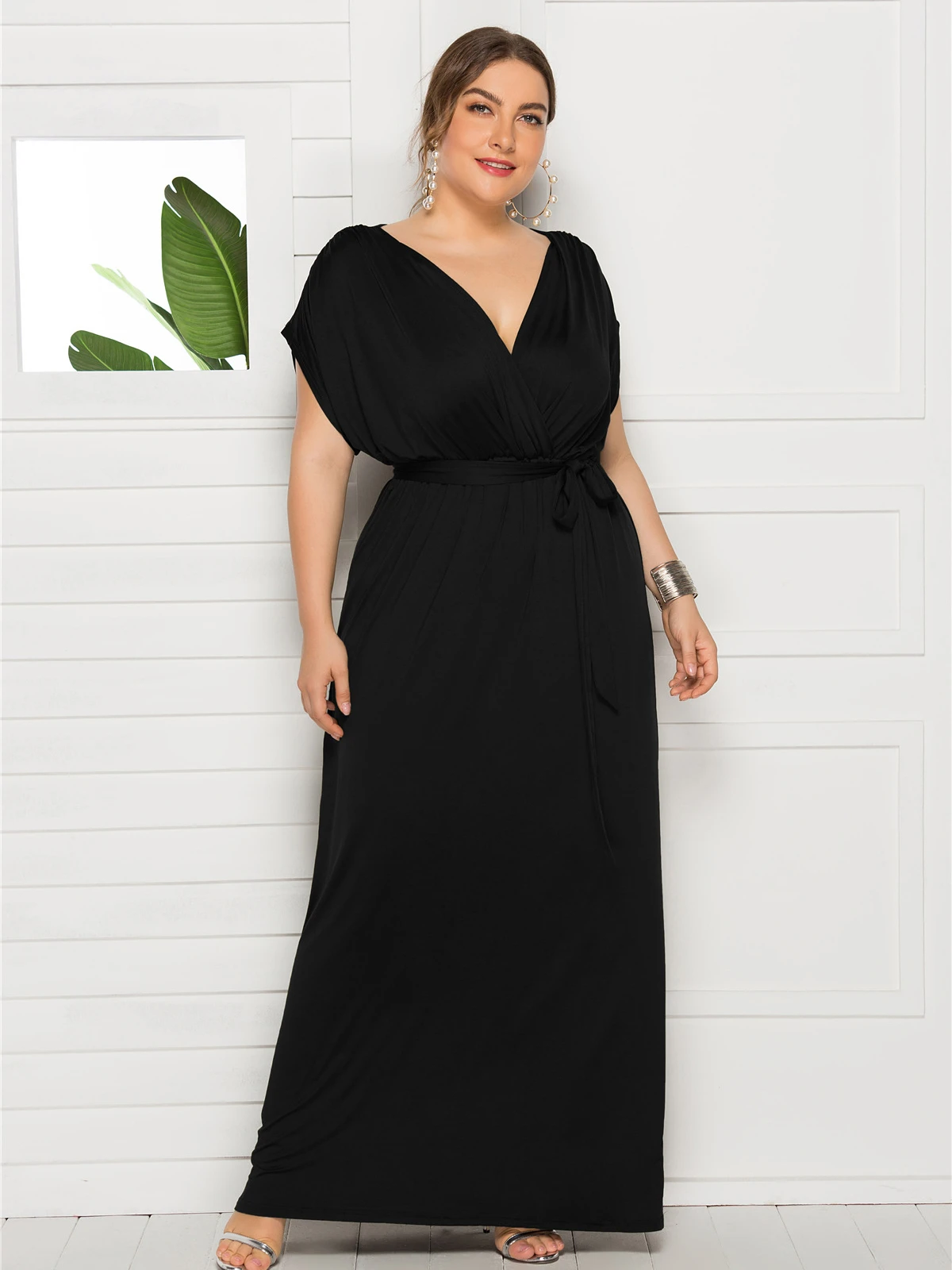 Plus Size Women Maxi Dress Elegant Short Sleeve V-neck Frock Loose Fit Summer Chic Casual Solid Color Ladies Long Skirt 2024