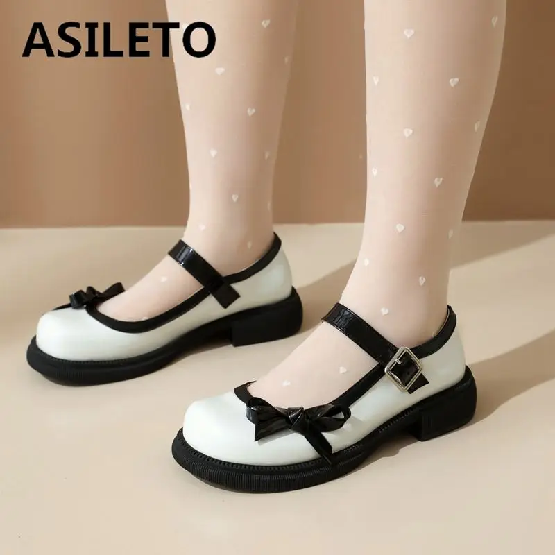 

ASILETO Mary Janes Girls Pumps Round Toe Block Heels Buckle Strap Bowknot Big Size 42 43 Sweet Daily Women Soft Shoes Spring