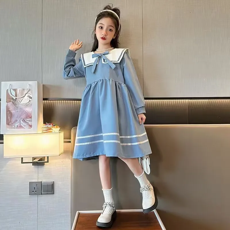 2024 autunno inverno New retro Girls Cotton Sailor Collar bow Teens a-line striped JK Dress Baby Clothes Toddler da 8 a 10 12 anni