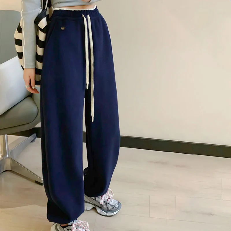 New Fashion High Waist Wide Leg Sweatpants Women Chic Design Contrast Color Sport Pants Autumn Winter Korean Drawstring Trousers