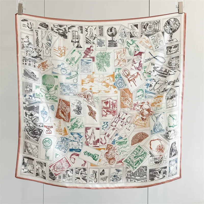 90x90cm Vintage Global Stamp Square Scarf 100% MULBERRY SILK Women Retro Art Print Shawl Neckerchief Multi Use Fashion Accessory