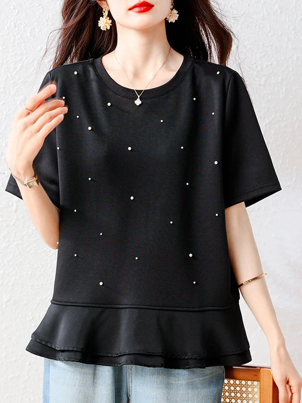 Authentic Summer 2026 Women's Loose T-shirt Fashion Bubble Bead Craft Lace  Detail Daily Wear Short Sleeve Crew Neck
