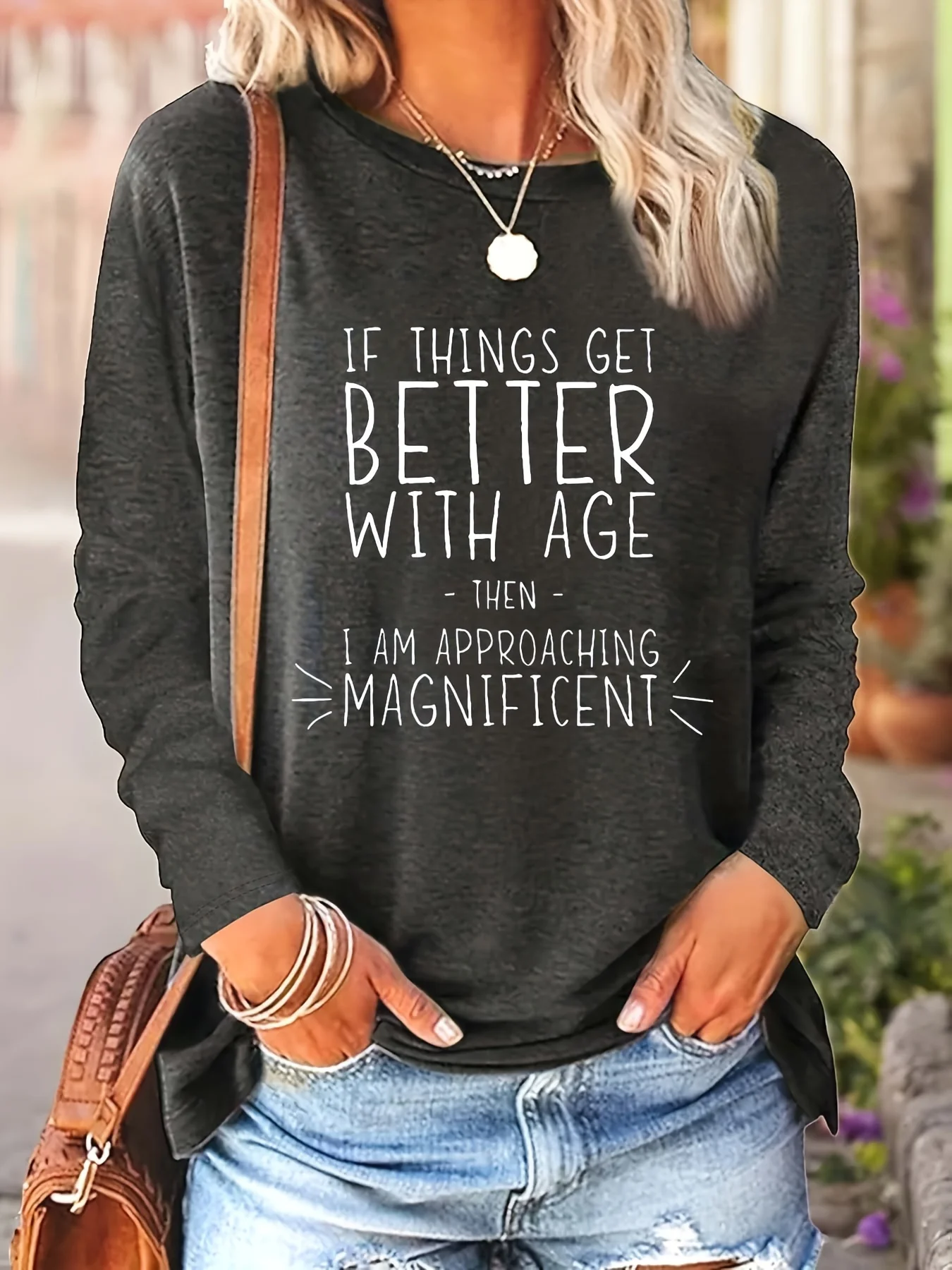 Women's Spring and Autumn 100% pure cotton fashionable casual loose inspirational quotes printed round neck long sleeved T-shirt