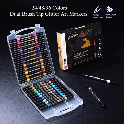 Imagen 2 del producto 12/24/48 Uds. Rotuladores de pintura con purpurina diferente de doble cabeza, bolígrafo de Graffiti artístico de Color, cabeza suave para colorear, dibujo, regalo para estudiantes