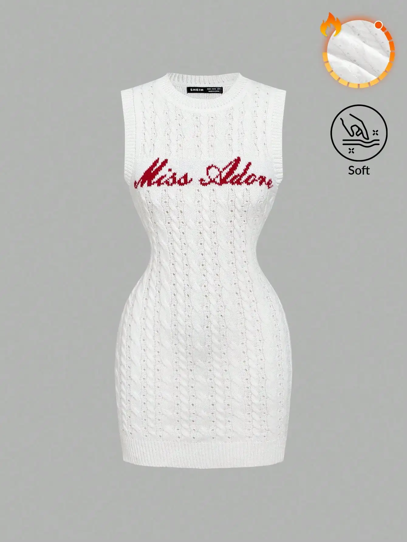 

Women's White Cable Knit Sleeveless Mini Dress with Script Embroidery