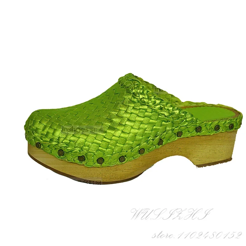 Rivet Green Bamboo Woven Mules Women Wood Grain Heel Round Toe Slingback Slippers 2023 New Round Toe Sandals Casual Outdoor Shoe