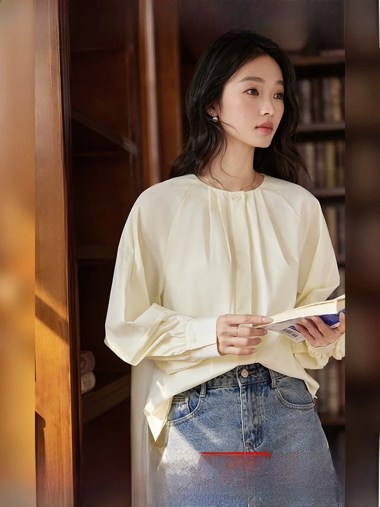 

Женская свободная футболка с круглым вырезом, новинка сезона весна-осень, повседневная, из смесового хлопка, с длинным рукавом, однотонная