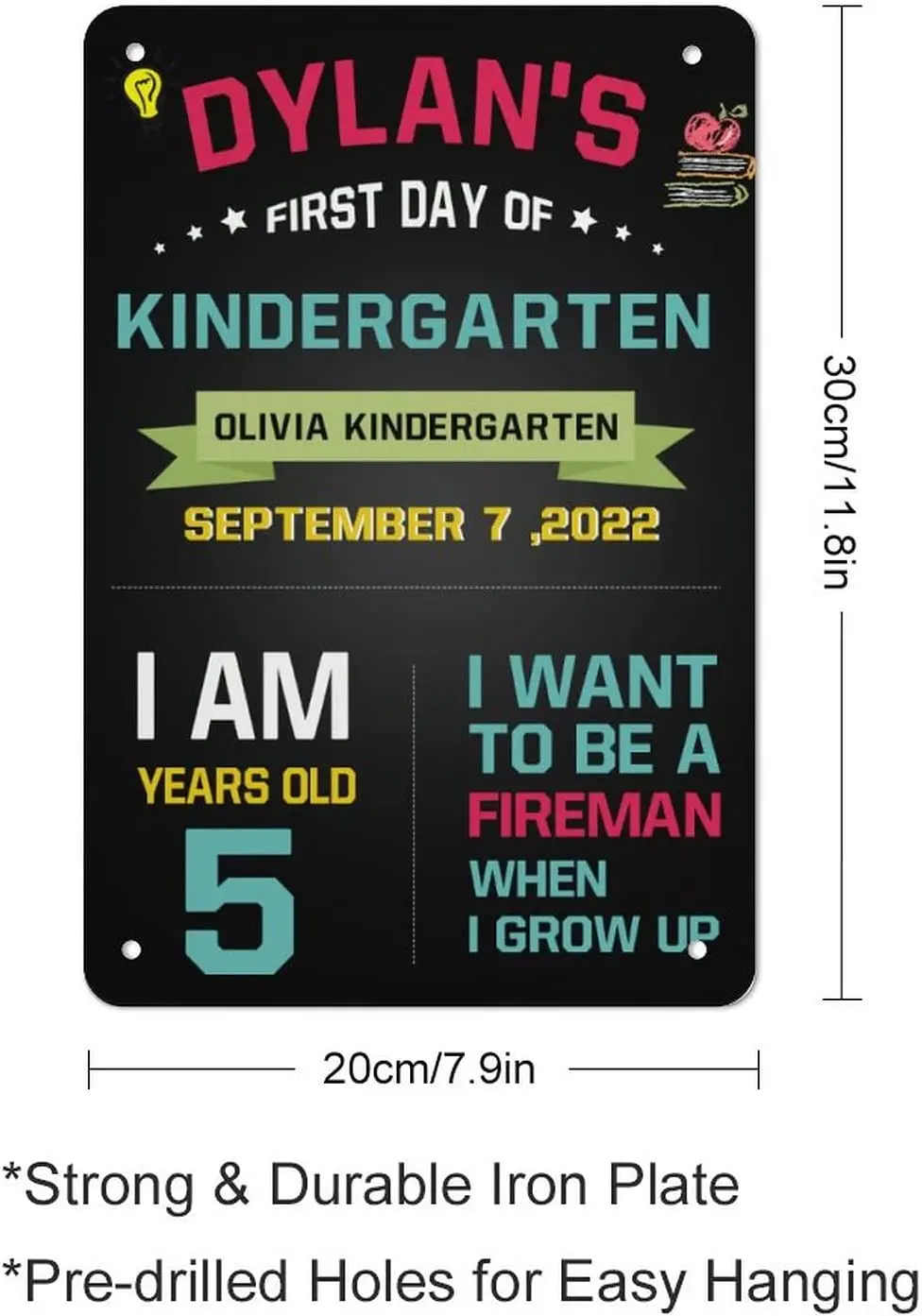 Custom First Day Of Kindergarten Tin Sign, First Day Of School Sign, My 1st Day Back To School Board Style Sign, Durable