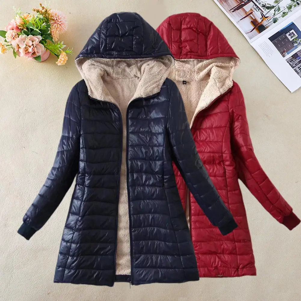 Soft Hooded Coat S-2XL Women Coat Solid Color Autumn Winter Mid-length Jacket  Keep Warm