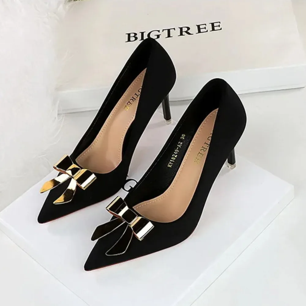 Women Pumps Korean Style Fashionable Banquet Women's With Thin High Heels Silk Shallow Mouth Pointed Metal Single Ladies Shoes