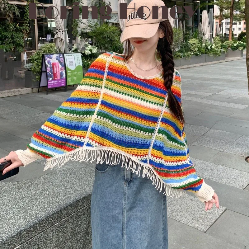 

Boring Honey Rainbow Striped T-Shirt Autumn Winter New Bat Sleeve Blouse Hollow Out Design Sense Tassel Long Sleeve Tops Women