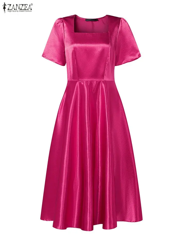 우아한 파티 드레스 ZANZEA 여성 드레스 2025 스퀘어 넥 페탈 슬리브 새틴 선드레스 허리 라인 스타일리시 솔리드 OL 워크 베스티도