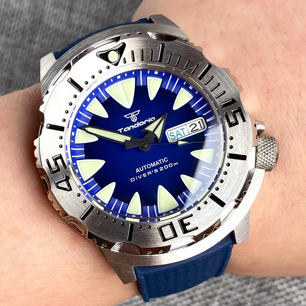 42mm Tandorio Waterproof Steel Monster Automatic Watch Men NH36AA Movt 3.8 Crown AR Sapphire Silicone Rubber Band Green Lume