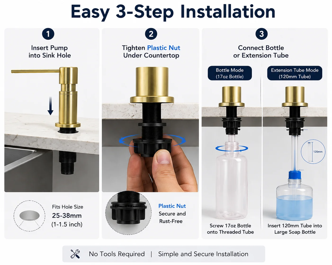 Stainless Steel Kitchen Sink Soap Dispenser with Bottle and 1.2m Extension Tube, Built-in Countertop Pump