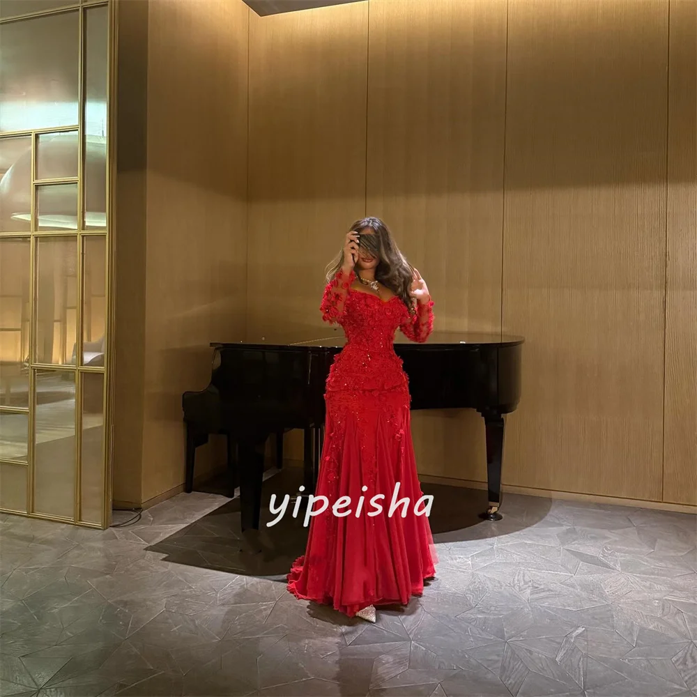 Customized Matching Intricate Chiffon Handmade Flower Rhinestone Mermaid Off-the-shoulder Long Dresses Bespoke Occasion Dresses