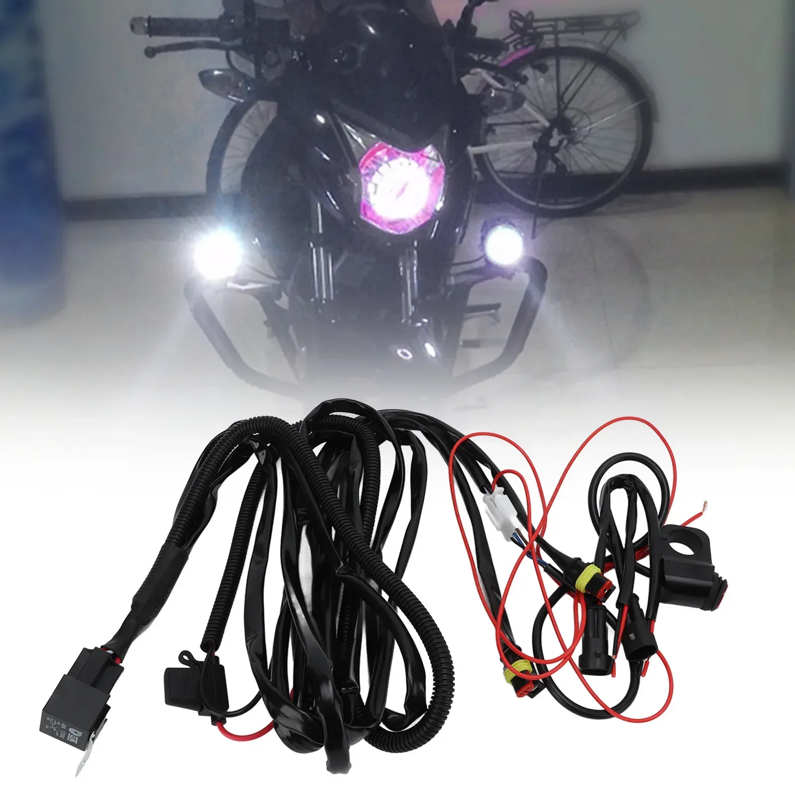 

Switch Harness 1.6/2.2m Wiring Harness 1 To 2 Male Plug For Motorcycle 12V LED Spotlight Fog Lamp Modification