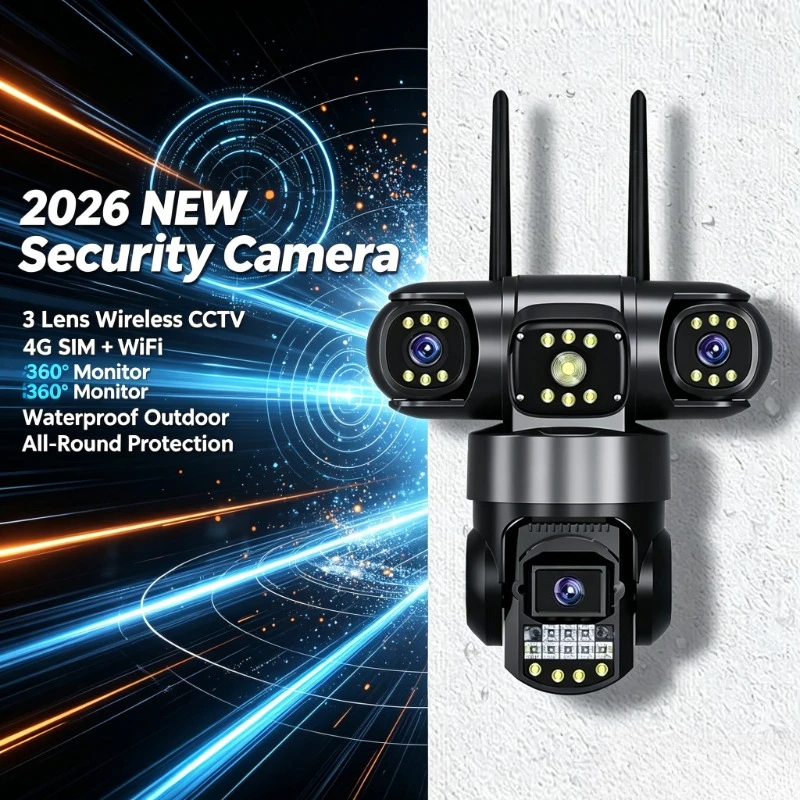 360° Rotating 3‑Lens Surveillance Cam 4G SIM WiFi Outdoor Courtyard Remote Live View Waterproof Security Gear