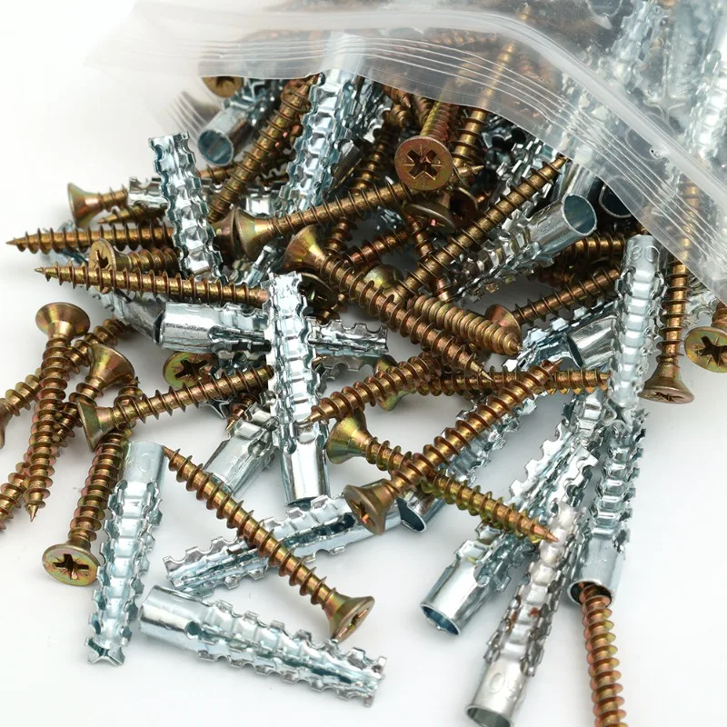 Self Tapping Screw Kit Metal Expansão Tubo Sólido Serrilhado, Perfuração Plugs, Thorny Expansão Parafusos, Fixadores, Âncoras, 100 Conjuntos, 10 Conjuntos