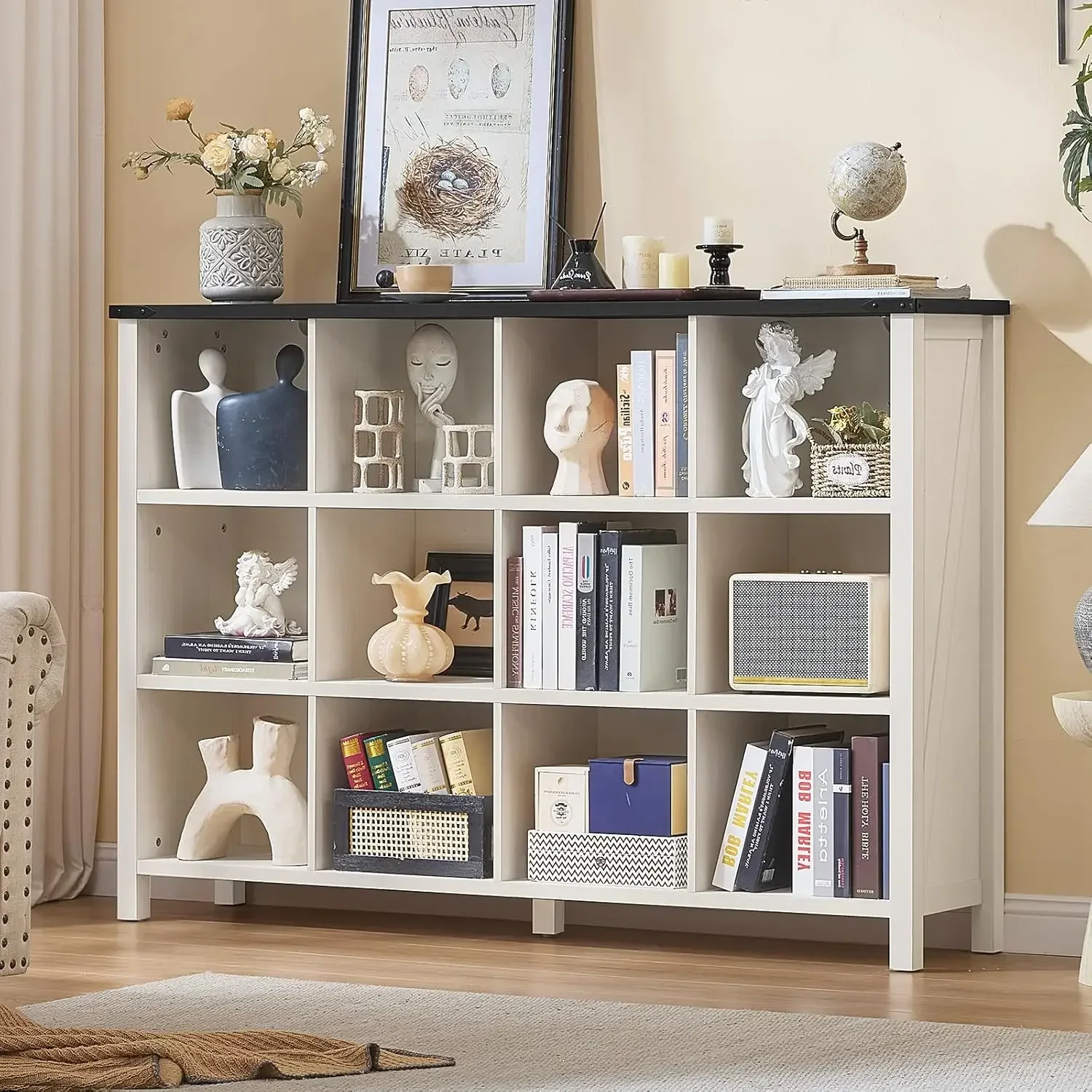 Joaxswe 12 Cube Storage Organizer, Farmhouse 62 Inch Warm White Display Bookshelf, Wooden 3 Tier Large Open Book Shelf, Modern B