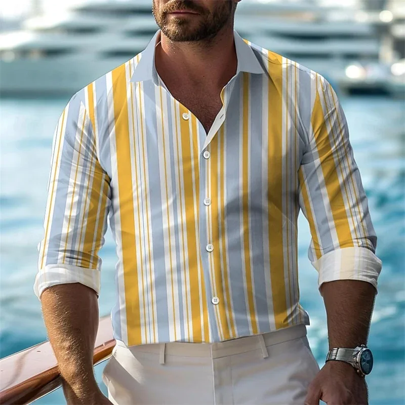 

2025 Men's Stripe Print Long Sleeve Button Outdoor Shirt Casual Retro Office Comfortable Micro-Flick Light Lapel Men's Top 6XL